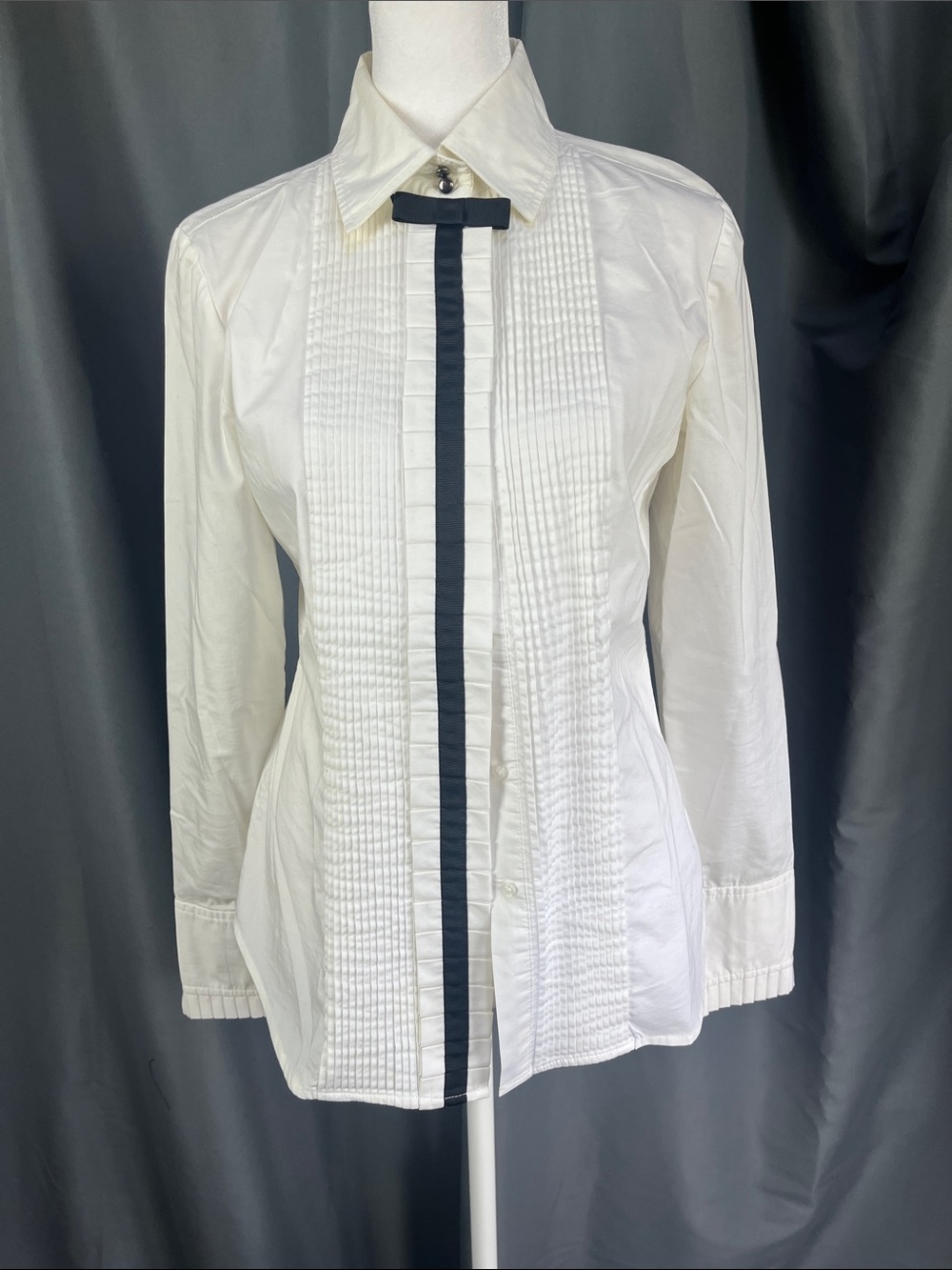 New York & Company White Button-Front Pintuck Shirt with Black Trim